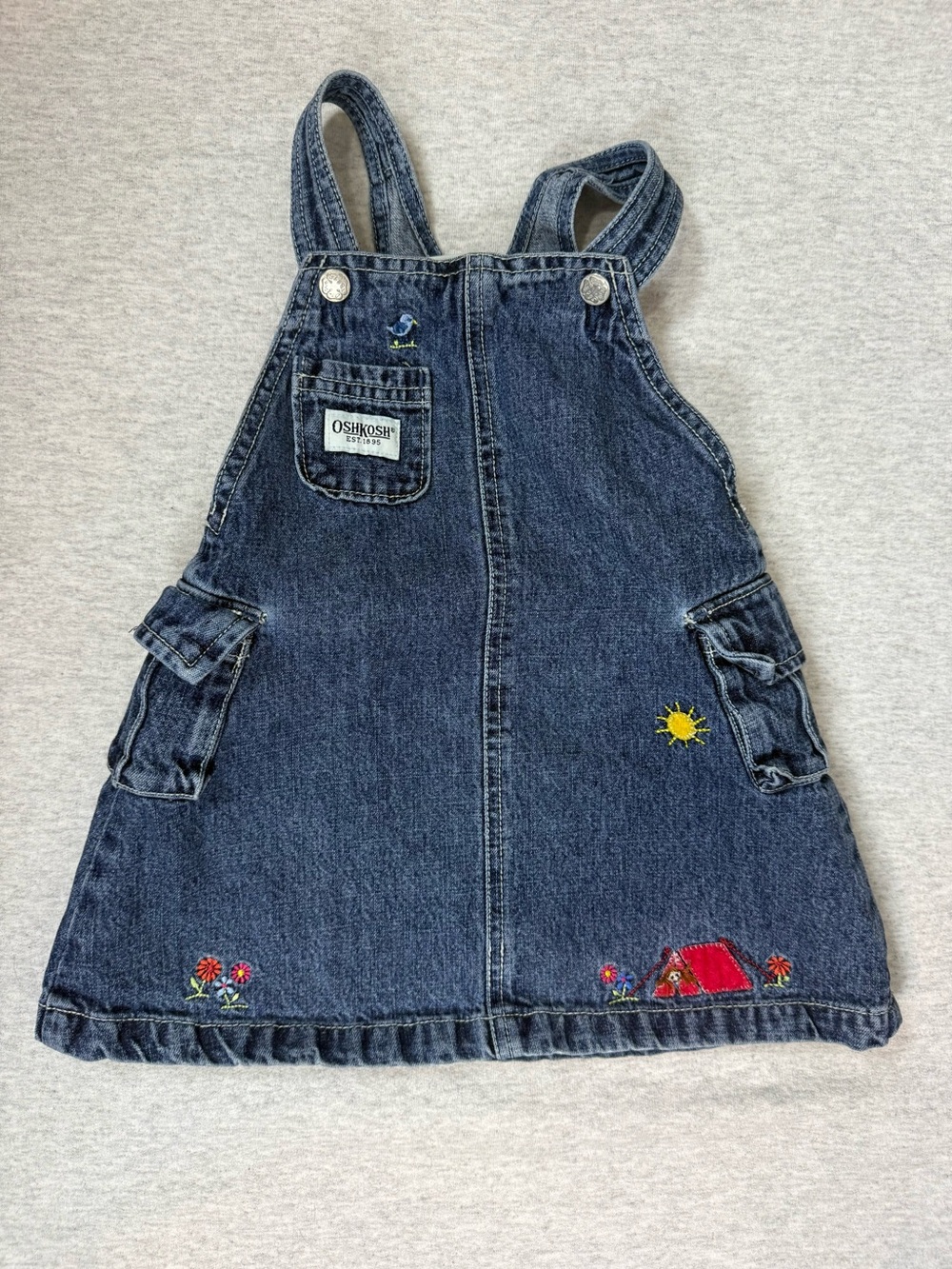 Vintage OshKosh B’gosh Denim Overall Jumper Dress Red Camping Tent - 24M